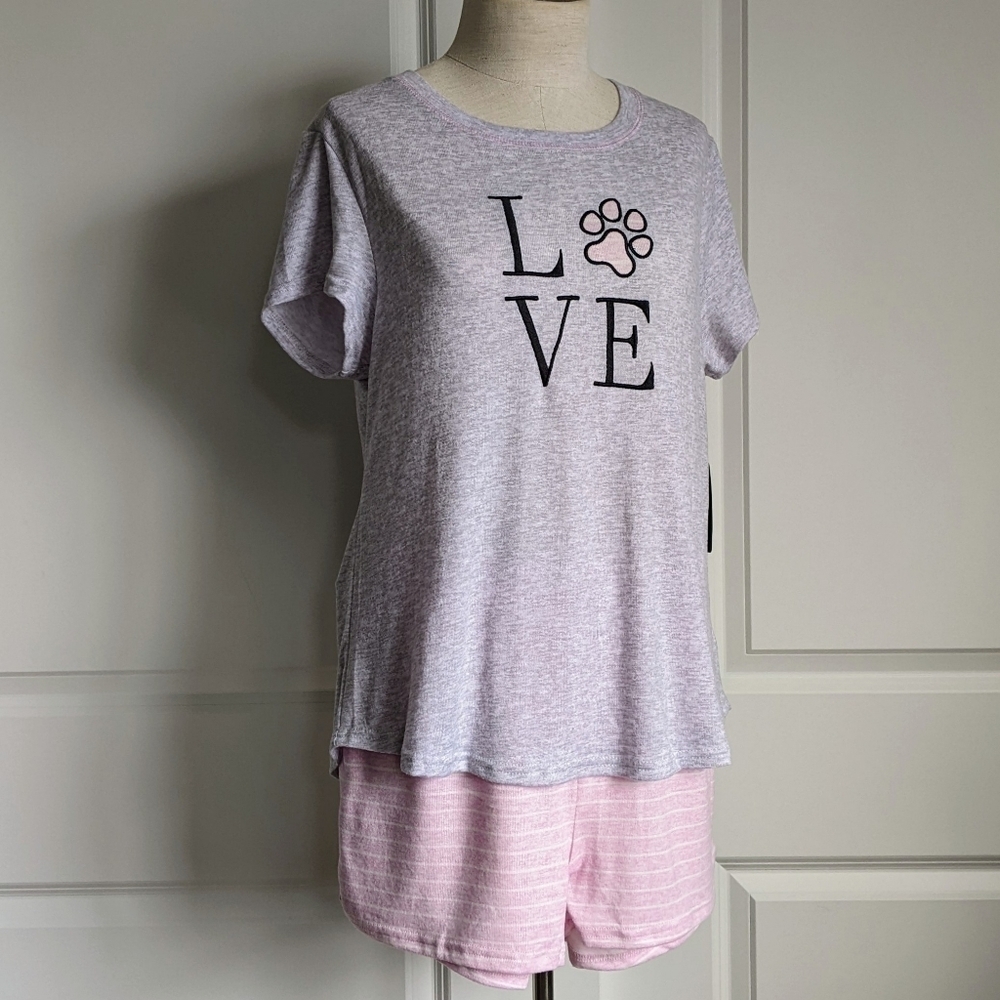 Laura Ashley PJ Set Short Sleeve Tee Shorts Embroidered Love Paw Grey Pink L NWT